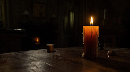 Dark room with single candle flickering on wooden table during power outage, creating serene atmosphere with soft glow illuminating scattered items.