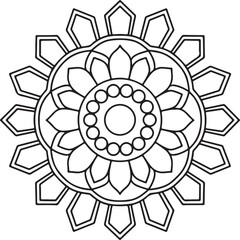Circle flowers of a mandala with a floral ornament pattern. This is a vector black-and-white mandala design for coloring. It is a beautiful, symmetrical mandala design in black and white.