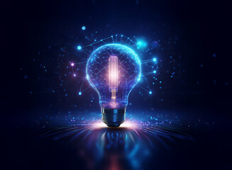 A glowing lightbulb, rendered in digital art, symbolizes innovation and interconnected ideas.  Network lines pulse with energy, reflecting on a dark surface.
