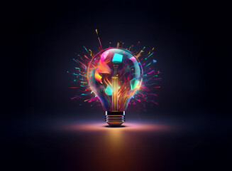 A vibrant light bulb explodes with colorful paint splashes against a dark background, symbolizing creativity and innovation.  The image evokes energy and inspiration.