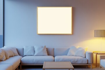 softly light modern, minimal living room, Scandinavian style, with a maple wood square picture frame on the wall 