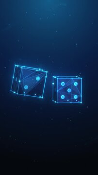 Abstract animation of two low poly spinning game dices. Online casino gambling and board game concept by wireframe mesh. Rolling d6 game cubes vertical looped motion graphic on blue background