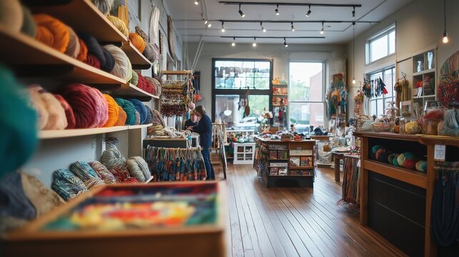 cozy knitting store filled with colorful yarns, knitting needles, and handmade scarves