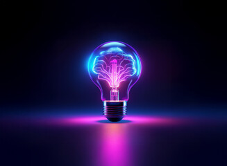 A glowing lightbulb with a vibrant, brain-like structure inside, illuminated in neon purple and blue, sits on a dark surface, casting a bright reflection.  The image evokes creativity and innovation.