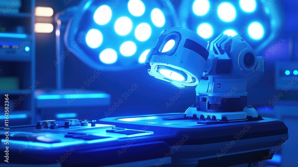 Poster A robot assisting with an operation on a surgical table under bright blue lights, representing the future of robotic surgeries in healthcare.