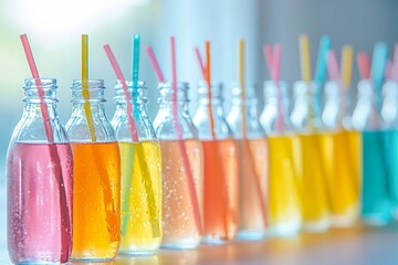 Alcohol cocktails, shots in glass bottles. Row of many alcohol tasty shots with straws in small bottles.
