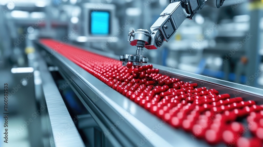 Poster a robot working on a conveyor belt in a pharmaceutical factory, handling red pills with speed and pr