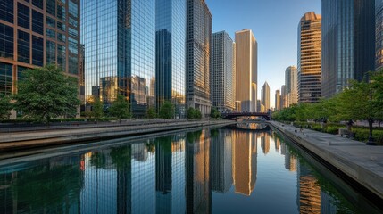 A row of reflective skyscrapers in the business district, with glass facades and sharp architectural details.