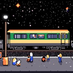 20241228122317list 79 An intricate 8-bit pixel art of a glowing pixelated train station with tiny pixelated passengers and sparkling stars, set on a pastel grey and yellow background for a nostalgic 