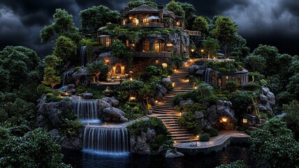 Fototapeta premium A collection of surreal and breathtaking alien landscapes, featuring towering red rock formations, glowing celestial skies, bioluminescent floating islands, and futuristic architectural wonders. Thes