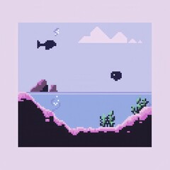 Obraz premium 20241228122317list 80 An intricate 8-bit pixel art of a glowing pixelated underwater scene with pixelated fish, glowing coral, and sparkling bubbles, set on a pastel aqua and blue background 