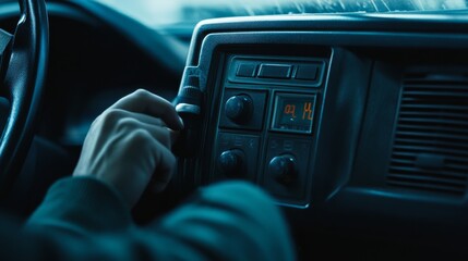 Car radio showing static during a drive. Featuring a driver looking frustrated