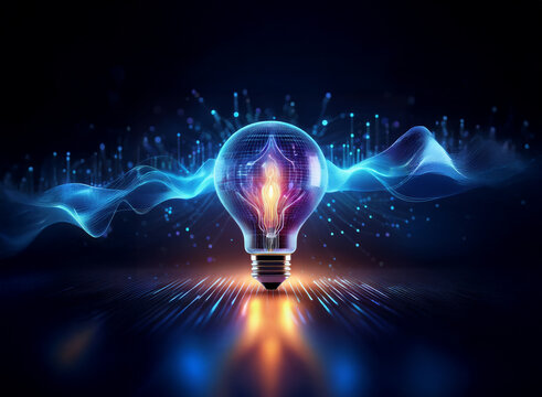 A glowing lightbulb, emanating energy and surrounded by dynamic light waves, symbolizes innovation, creativity, and bright ideas.  The image evokes a sense of futuristic technology and progress.