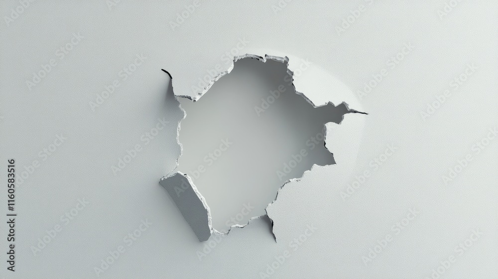 Poster a simple and isolated hole in a white wall, symbolizing wear and tear in architecture or an accident
