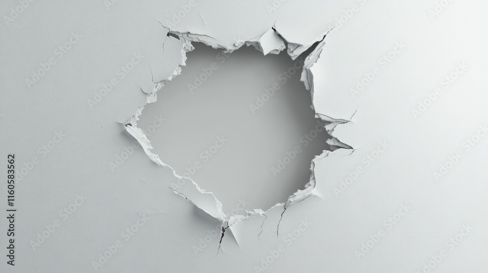 Aufkleber a simple and isolated hole in a white wall, symbolizing wear and tear in architecture or an accident
