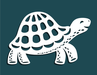 Cute cartoon turtle is walking. Side view. Smiling sea animal with a shell on four legs. Template for plotter laser cutting of paper, fretwork, wood carving, metal engraving, cnc. Vector illustration.