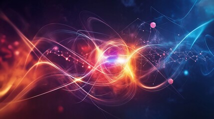 dynamic fusion of swirling energy waves and molecular structures, symbolizing breakthroughs in quantum physics, rendered in bold, electric colors