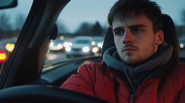 Car stalled due to an electrical failure on a busy road. Featuring a stressed driver