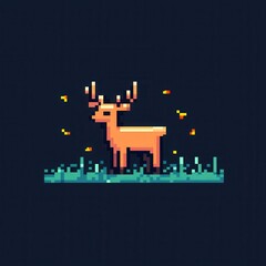 Obraz premium A delightful 8-bit pixel art of a glowing pixelated deer standing in a pixelated meadow, surrounded by glowing fireflies and tiny sparkling grass, set on a pastel green and lavender background 
