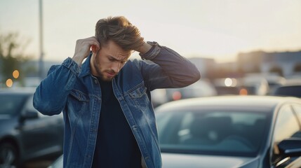 Car stalled due to battery issues in a parking lot. Featuring a stressed driver