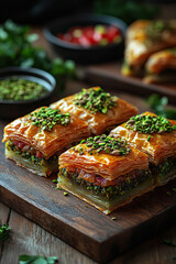 Delicious baklava with pistachio served on a plate.