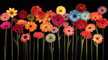 Obraz premium A striking arrangement of colorful gerbera daisies in front of a black background, making the vibrant petals stand out vividly.
