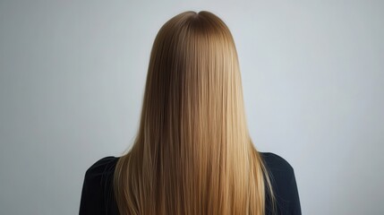 Naklejka premium Beautiful model girl with Blond hair strand,silky healthy wavy hair strand,hair wavy ribbon, with smooth,Keratin straightening,Treatment,straight long hair,procedures,Smooth hairstyle.