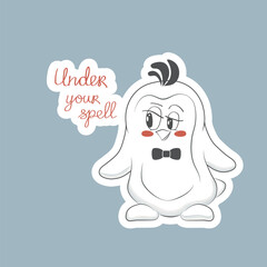 Vector sticker of adorable bird with a bow tie and Under your spell lettering. Printable design. Flat vector illustration. Funny sticker on Valentine's day. Love vibes card for loved one