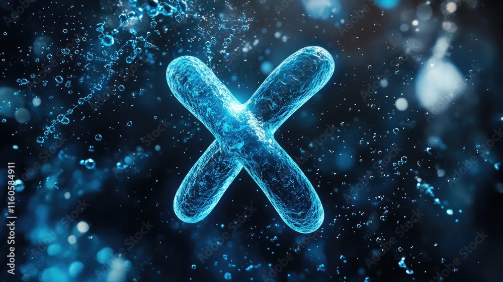 Poster a stunning 3d rendering of the x chromosome in electric blue, floating against a molecular backgroun