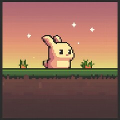 A delightful 8-bit pixel art of a glowing pixelated rabbit hopping through a pixelated garden with glowing carrots and tiny sparkling stars, set on a pastel pink and green background for a cute 