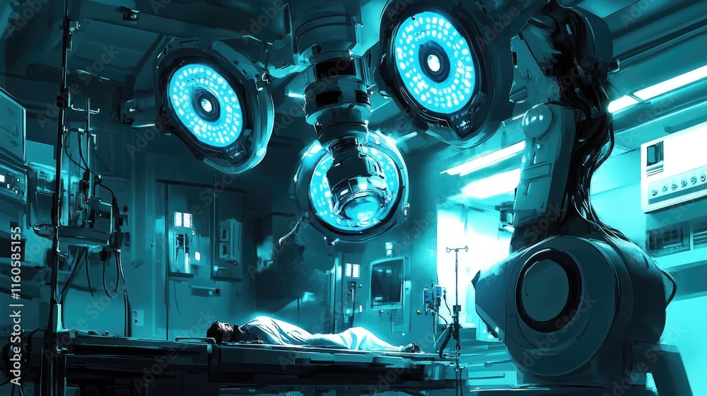 Poster a surgical robot performing a procedure on a patient, with blue surgical lights creating a high-tech