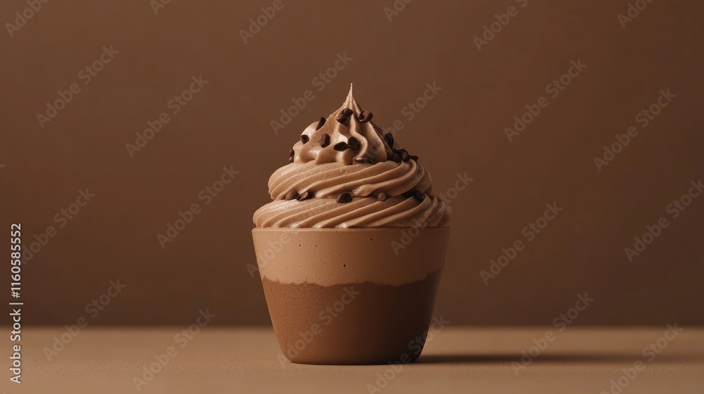Poster a tempting mocha mousse dessert with a luxurious texture, paired with a soft brown background, perfe