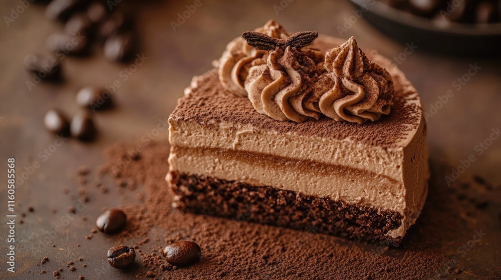 Poster a tempting mocha mousse dessert with a luxurious texture, paired with a soft brown background, perfe