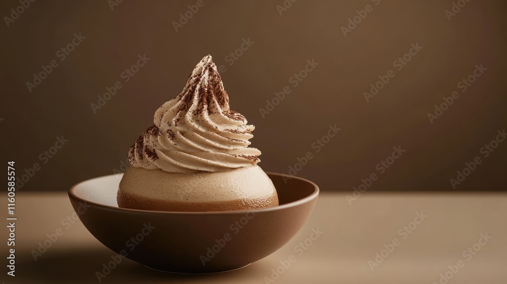 Poster a tempting mocha mousse dessert with a luxurious texture, paired with a soft brown background, perfe