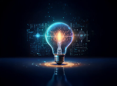 A glowing lightbulb, imbued with digital data streams and formula, symbolizes innovation, knowledge, and technological advancement.  Its brilliance illuminates a dark background, representing new idea