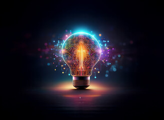 A vibrant light bulb glows, its intricate, colorful design radiating energy and brilliance against a dark background.  Sparks of light dance around it, symbolizing innovation and creativity.