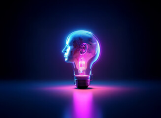 A glowing glass head, shaped like a lightbulb, radiates vibrant pink and blue neon light against a dark background.  Its sleek design symbolizes intellect and illumination.