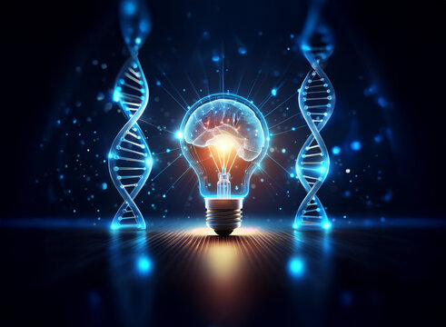 A glowing lightbulb, shaped like a brain, sits between two DNA strands.  It represents the intersection of neuroscience and genetics, a bright idea illuminating the future of biological research.