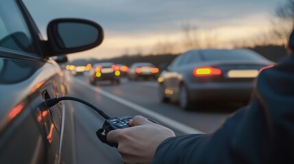 Car stopped on a highway with a driver using a diagnostic tool. Featuring distant cars in the background