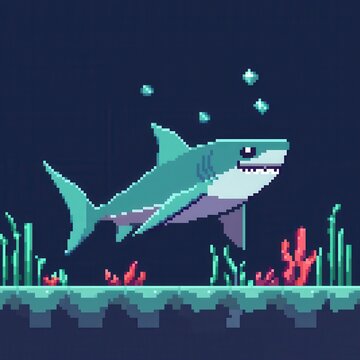 A playful 8-bit pixel art of a glowing pixelated shark swimming in a pixelated coral reef, surrounded by glowing fish and tiny sparkling bubbles, set on a pastel aqua and navy background for 