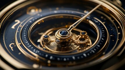 Close-up of intricate gold and black watch mechanism.