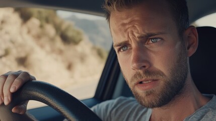 Car struggling on a steep hill due to engine trouble. Featuring a driver looking anxious