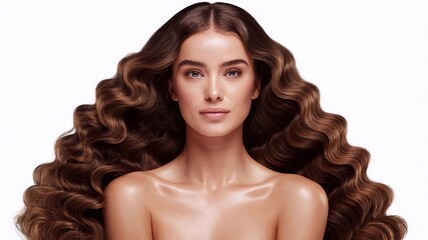 Naklejka premium Portrait of model girl with long curly shiny brown smooth healthy hair, natural beauty smooth skin for hair care and products, on white background