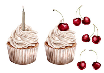 Watercolor sweets cupcake with cherry and candle. Elements of design holidays or wedding pastel colors. Watercolor hand drawing illustration on isolated white background for birthday or Valentines day
