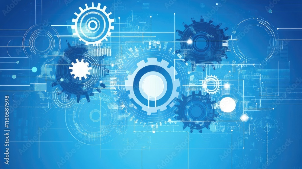 Poster abstract technology workflow concept, with interconnected digital elements on a blue background, sym
