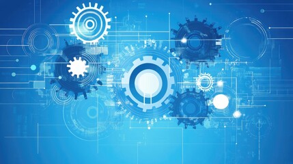 Obraz premium Abstract technology workflow concept, with interconnected digital elements on a blue background, symbolizing modern innovation.