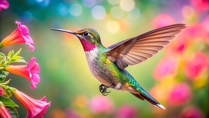 Obraz premium Hummingbird surrounded by pink flowers