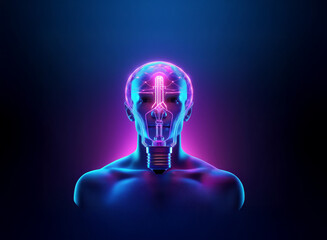 Glowing neon blue and pink light illuminates a transparent human head and upper torso, revealing an intricate internal structure resembling circuitry and a lightbulb within the brain.  The image sugge