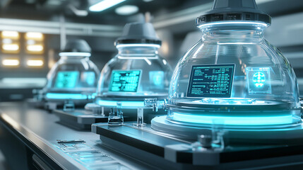 Fototapeta premium A futuristic laboratory using advanced Bunsen burners with touch-screen controls and safety alerts.