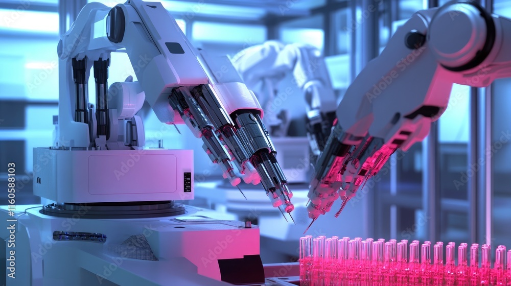 Aufkleber Advanced laboratory automation system with robotic arms processing samples and controlling equipment for efficient, high-throughput testing.